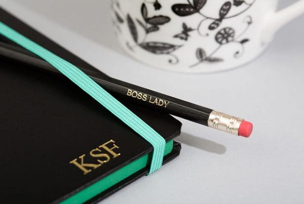 Personalised notepad with initials and 'BOSS LADY' pencil