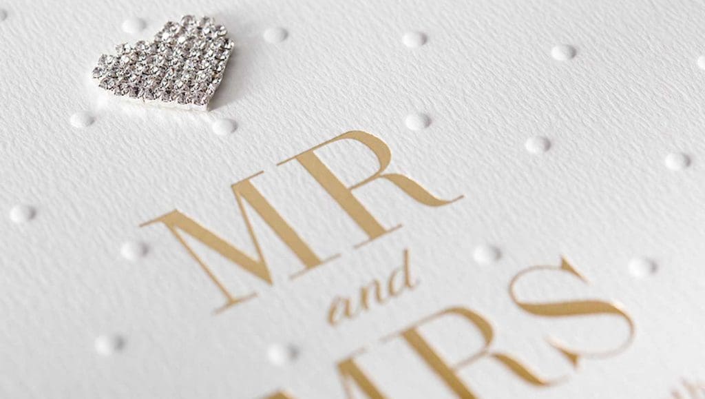 hot foil embossed wedding card saying Mr and Mrs